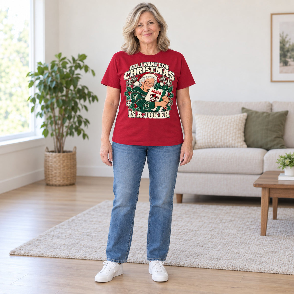 All I Want For Christmas mahjong T-shirt in Cardinal Red, full length, worn by Susan. Susan is 5′5″ and wears her usual size L. [bb c=cardinal-red r=fit]