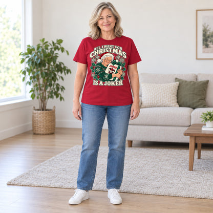 All I Want For Christmas mahjong T-shirt in Cardinal Red, full length, worn by Susan. Susan is 5′5″ and wears her usual size L. [bb c=cardinal-red r=fit]