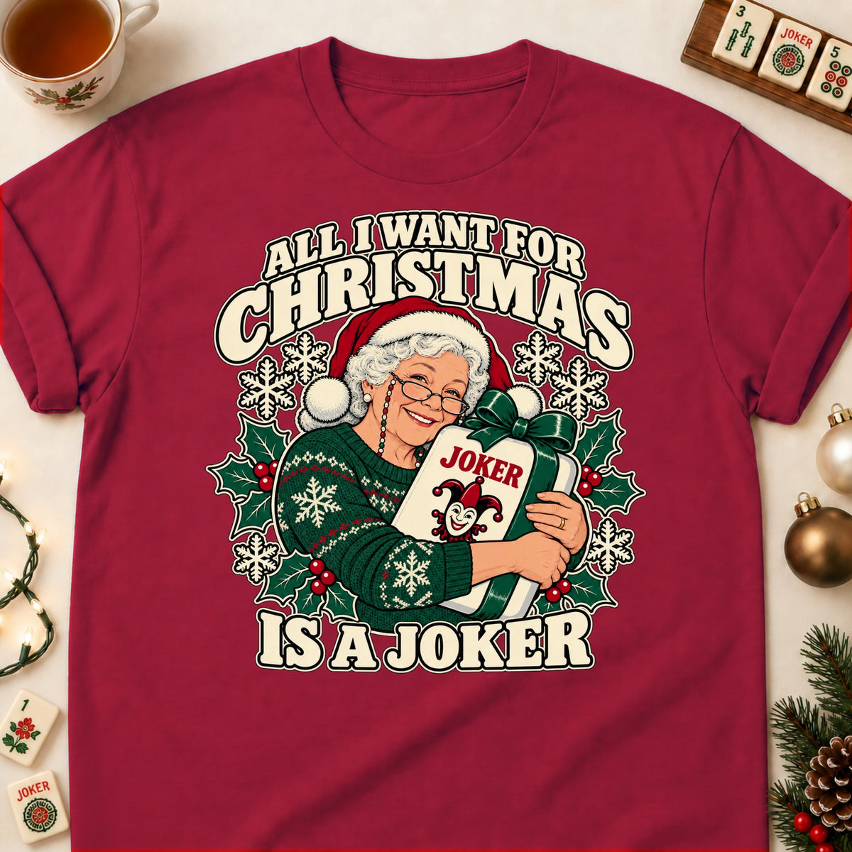 All I Want For Christmas mahjong T-shirt in Cardinal Red, laid flat. [bb c=cardinal-red r=flat]