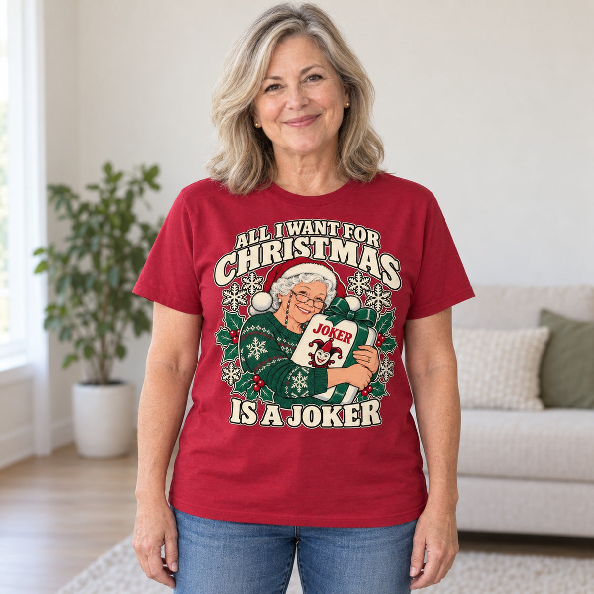 All I Want For Christmas mahjong T-shirt in Cardinal Red, worn by Susan. Susan is 5′5″ and wears her usual size L. [bb c=cardinal-red r=hero]