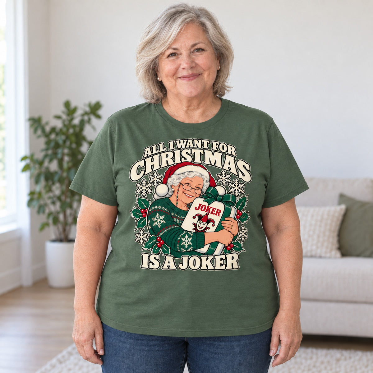 All I Want For Christmas mahjong T-shirt in Military Green, worn by Debra. Debra is 5′4″ and wears her usual size 2XL. [bb c=military-green r=body2]