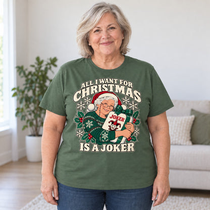 All I Want For Christmas mahjong T-shirt in Military Green, worn by Debra. Debra is 5′4″ and wears her usual size 2XL. [bb c=military-green r=body2]