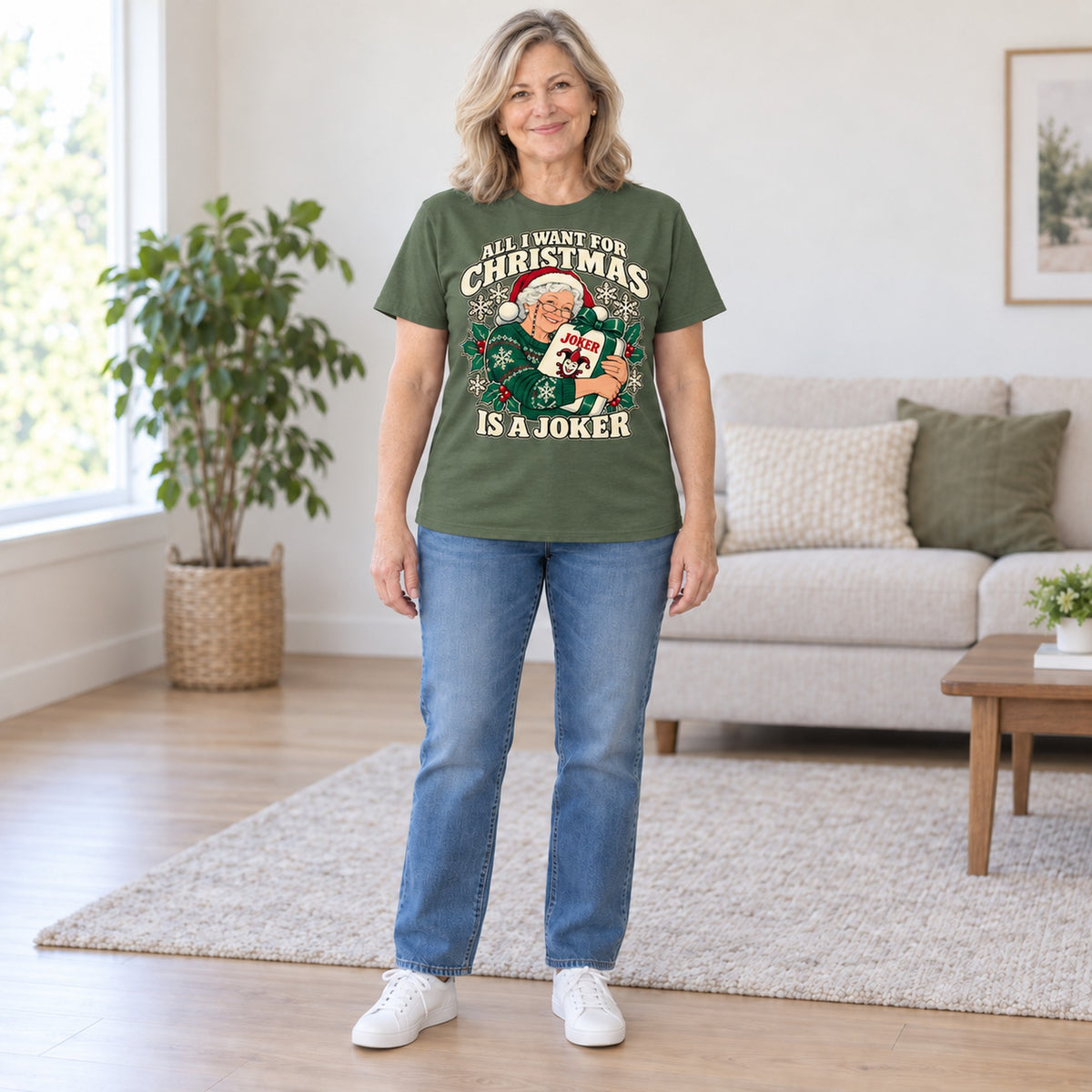 All I Want For Christmas mahjong T-shirt in Military Green, full length, worn by Susan. Susan is 5′5″ and wears her usual size L. [bb c=military-green r=fit]
