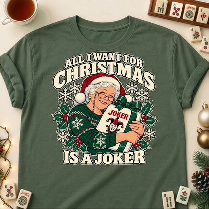 All I Want For Christmas mahjong T-shirt in Military Green, laid flat. [bb c=military-green r=flat]