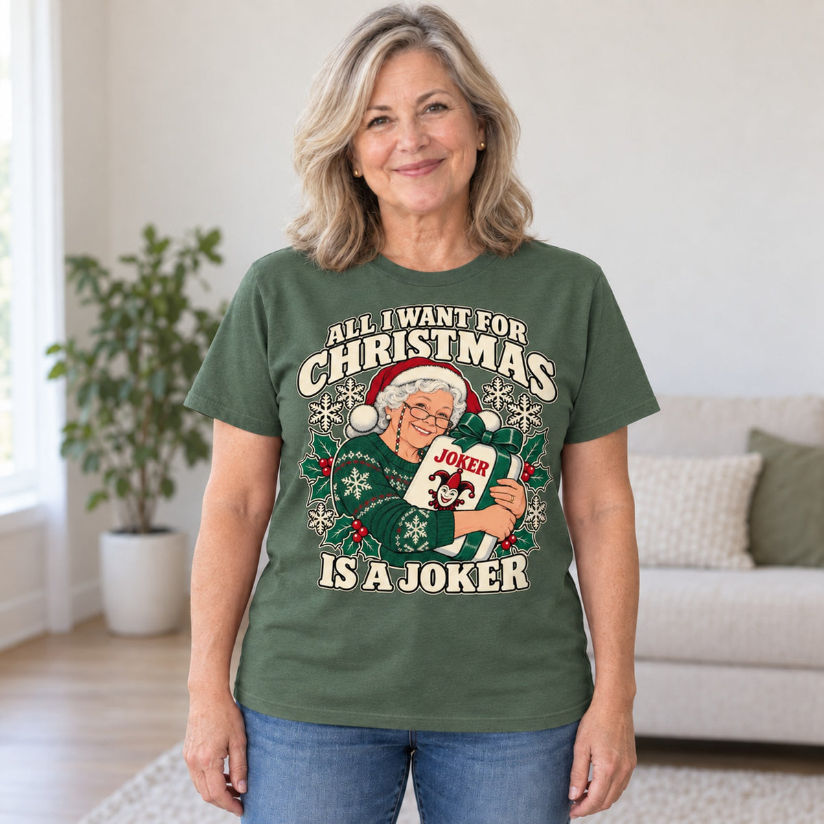 All I Want For Christmas mahjong T-shirt in Military Green, worn by Susan. Susan is 5′5″ and wears her usual size L. [bb c=military-green r=hero]