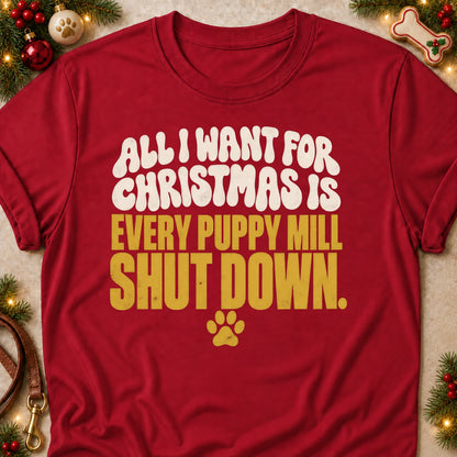 Every Puppy Mill Shut Down dog mom T-shirt in Cardinal Red, laid flat. [bb c=cardinal-red r=flat]