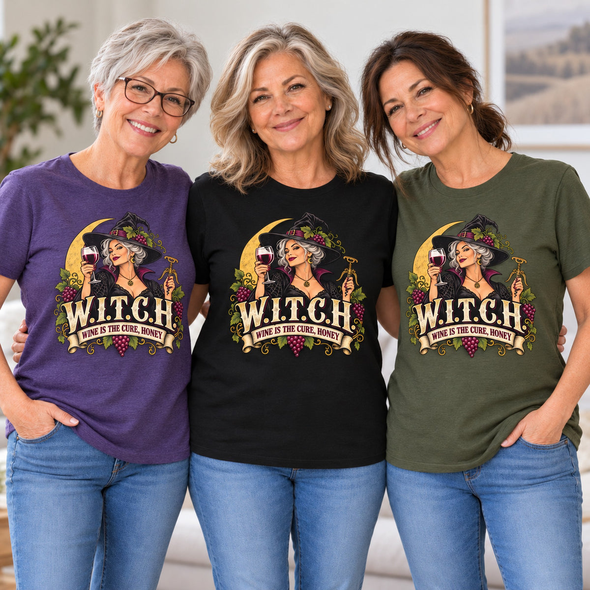 W.I.T.C.H. T-shirt worn by three friends. Friends are wearing M, L and XL. [bb c=all r=friends]