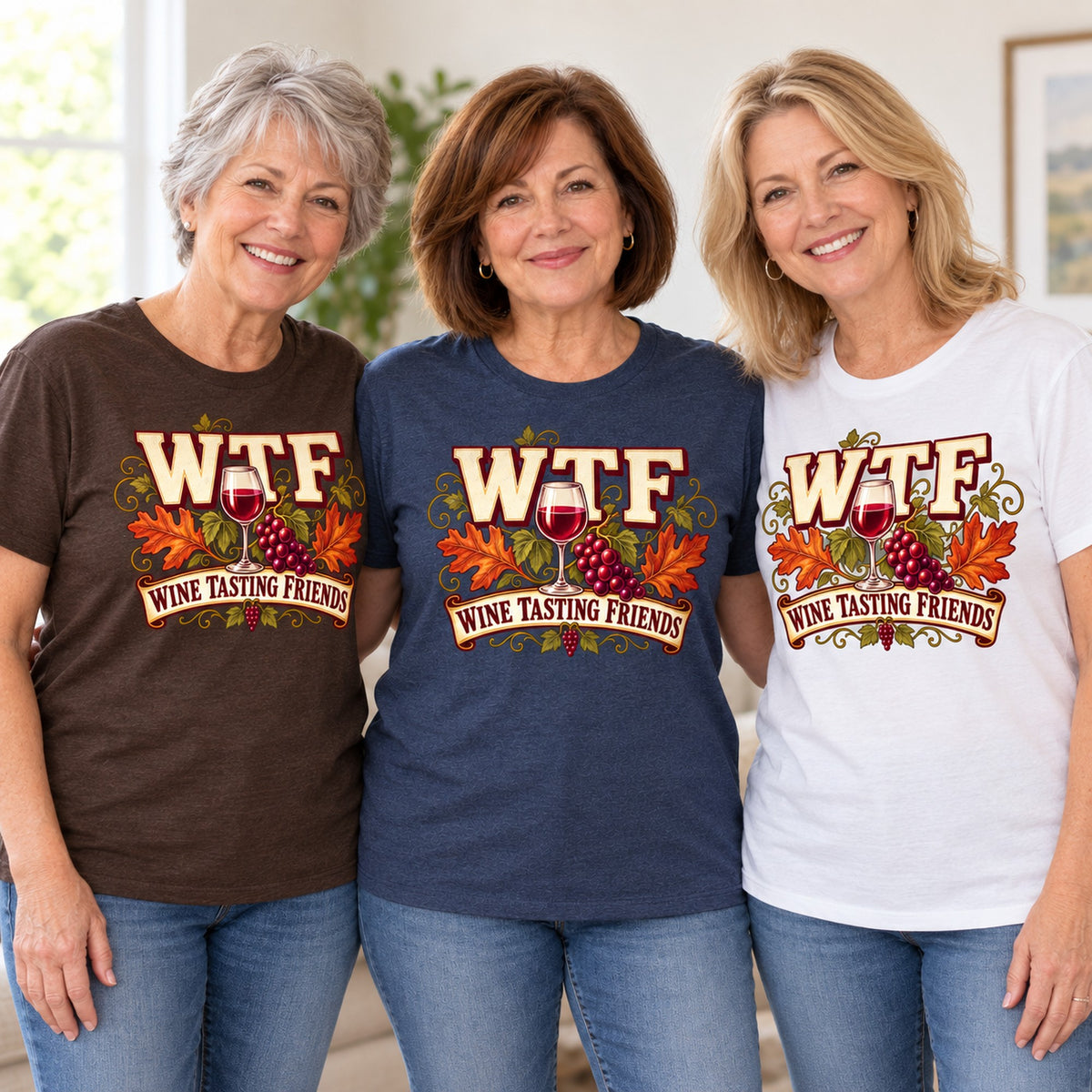 WTF Wine Tasting Friends T-shirt worn by three friends. Friends are wearing M, L and XL. [bb c=all r=friends]