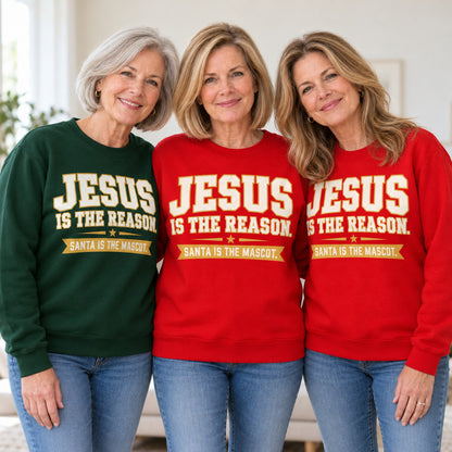 Jesus Is The Reason sweatshirt worn by three friends. Friends are wearing M, L and XL. [bb c=all r=friends]
