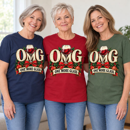 OMG One More Glass T-shirt worn by three friends. Friends are wearing M, L and XL. [bb c=all r=friends]