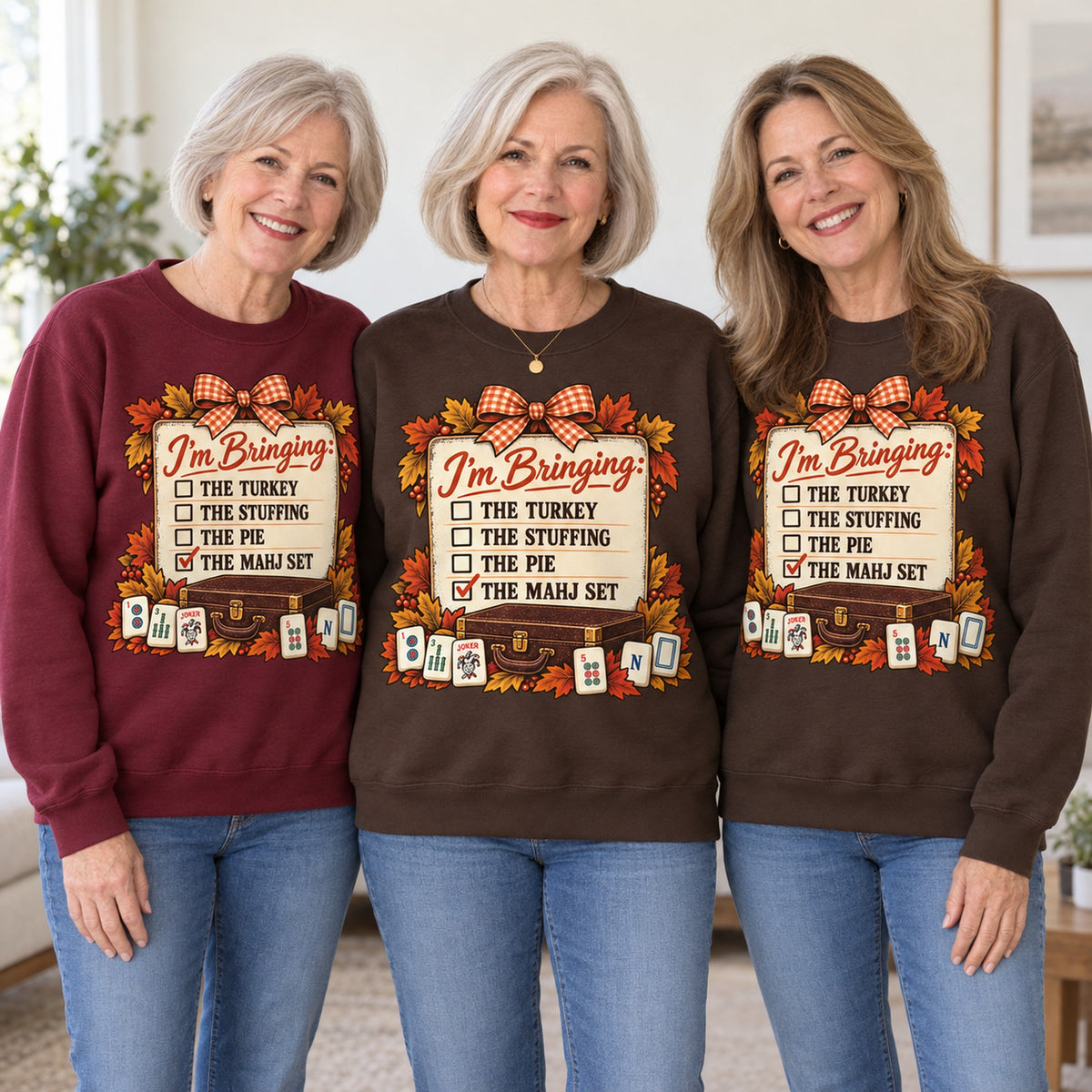 I'm Bringing The Mahj Set sweatshirt worn by three friends. Friends are wearing M, L and XL. [bb c=all r=friends]