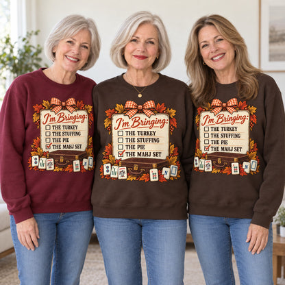 I'm Bringing The Mahj Set sweatshirt worn by three friends. Friends are wearing M, L and XL. [bb c=all r=friends]