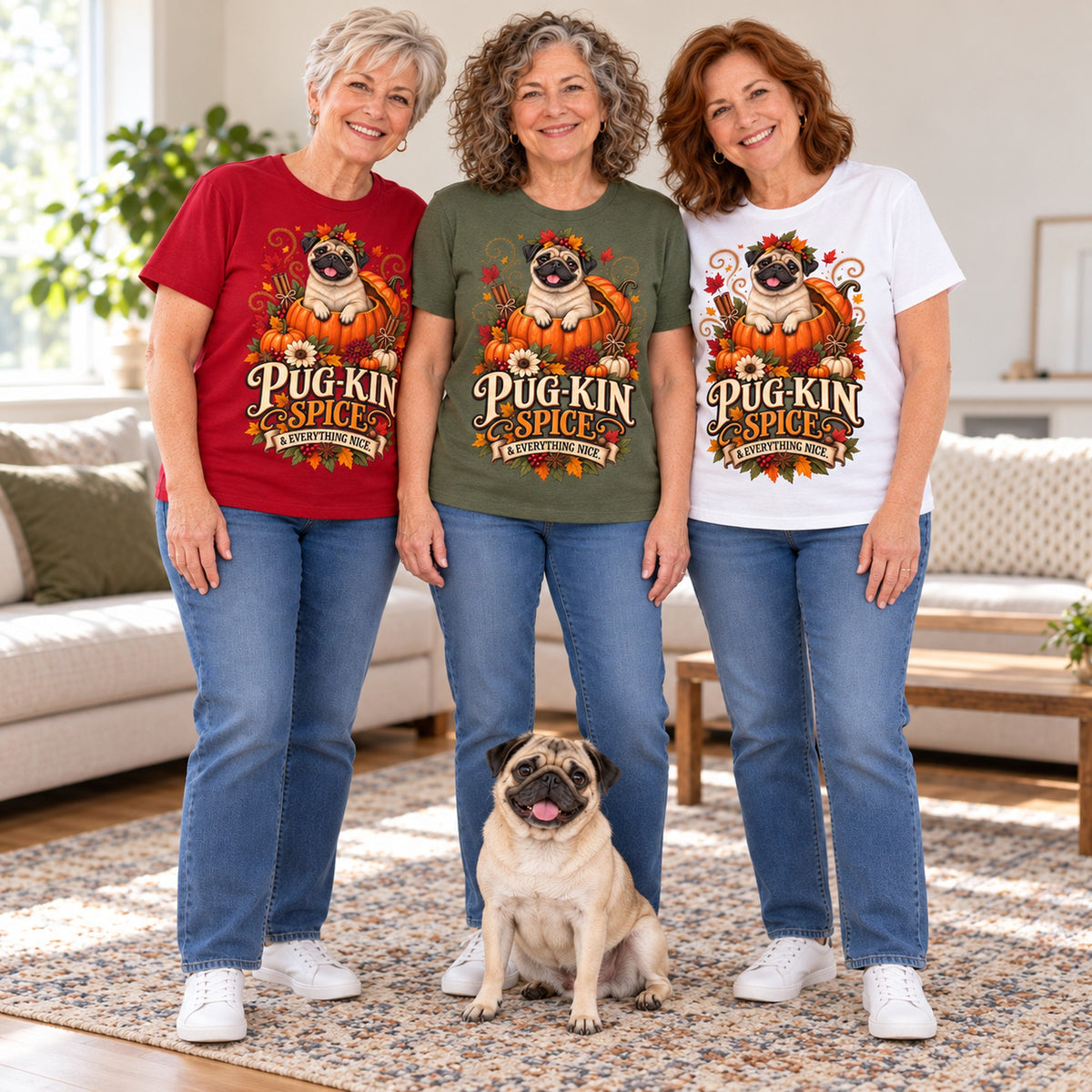Pug-Kin Spice T-shirt worn by three friends. Friends are wearing M, L and XL. [bb c=all r=friends]
