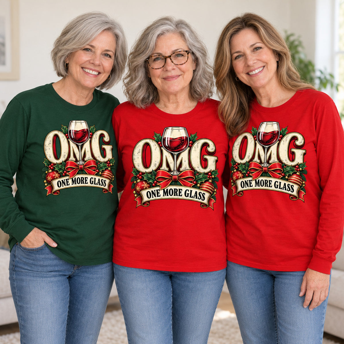 OMG One More Glass long sleeve worn by three friends. Friends are wearing M, L and XL. [bb c=all r=friends]