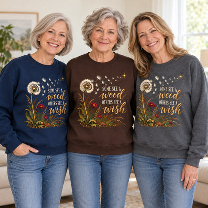 Some See A Weed sweatshirt worn by three friends. Friends are wearing M, L and XL. [bb c=all r=friends]