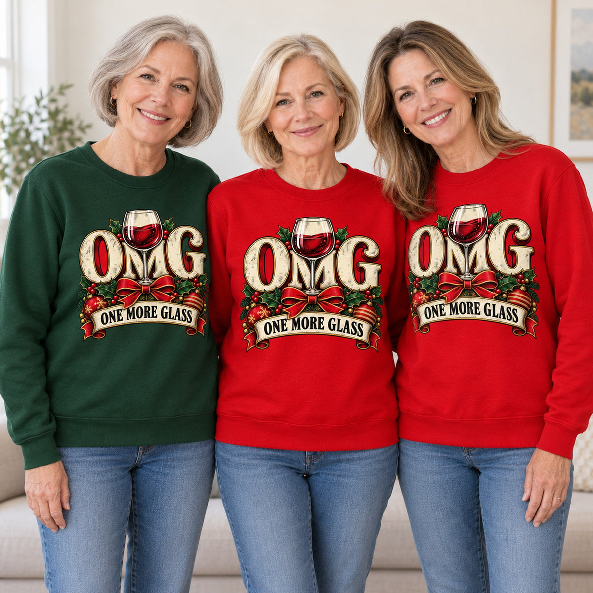 OMG One More Glass sweatshirt worn by three friends. Friends are wearing M, L and XL. [bb c=all r=friends]