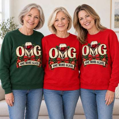 OMG One More Glass sweatshirt worn by three friends. Friends are wearing M, L and XL. [bb c=all r=friends]
