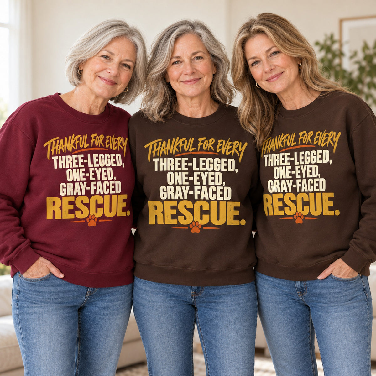 Thankful For Every Rescue sweatshirt worn by three friends. Friends are wearing M, L and XL. [bb c=all r=friends]