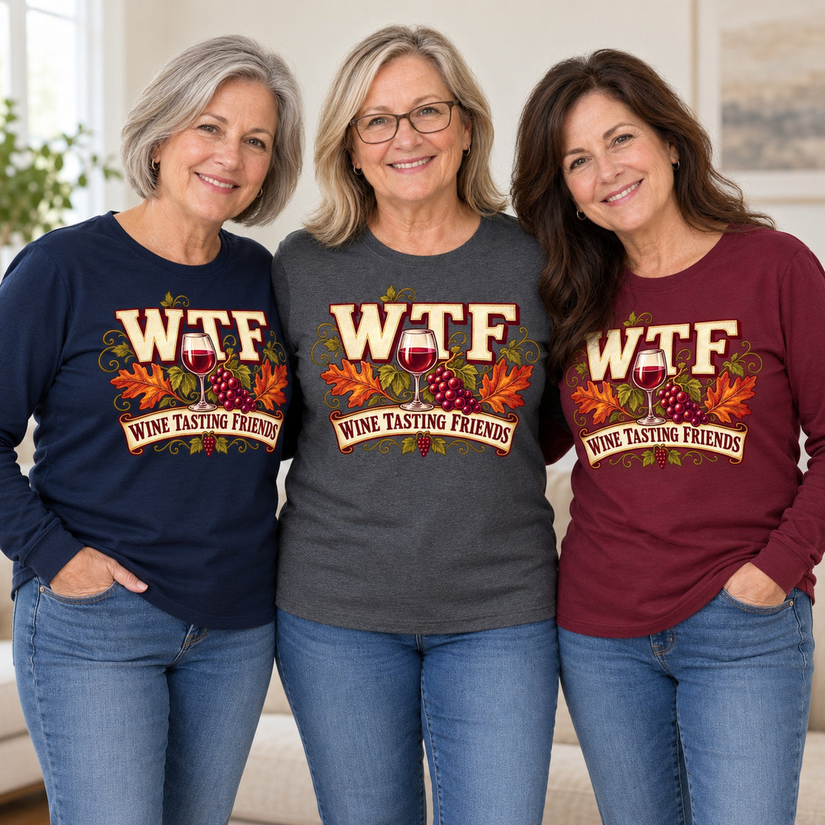 WTF Wine Tasting Friends long sleeve worn by three friends. Friends are wearing M, L and XL. [bb c=all r=friends]