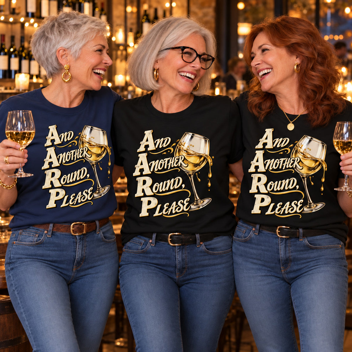 And Another Round, Please T-shirt worn by three friends. Friends are wearing M, L and XL. [bb c=all r=friends]