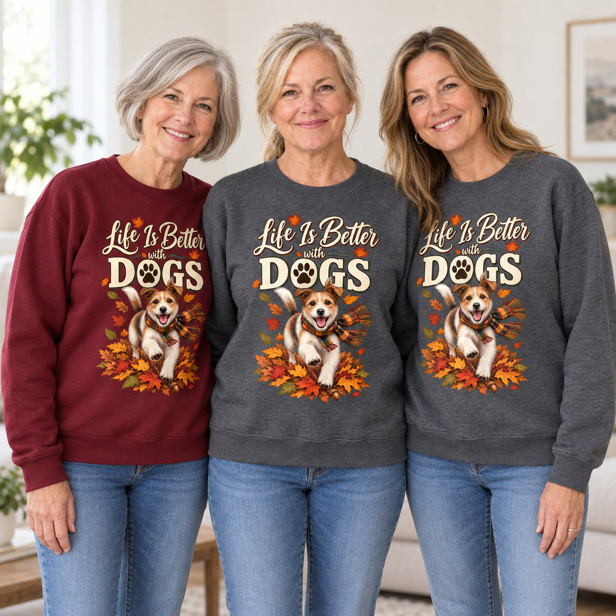 Life Is Better With Dogs sweatshirt worn by three friends. Friends are wearing M, L and XL. [bb c=all r=friends]