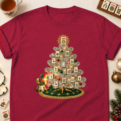Aluminum Tree mahjong T-shirt in Cardinal Red, laid flat. [bb c=cardinal-red r=flat]