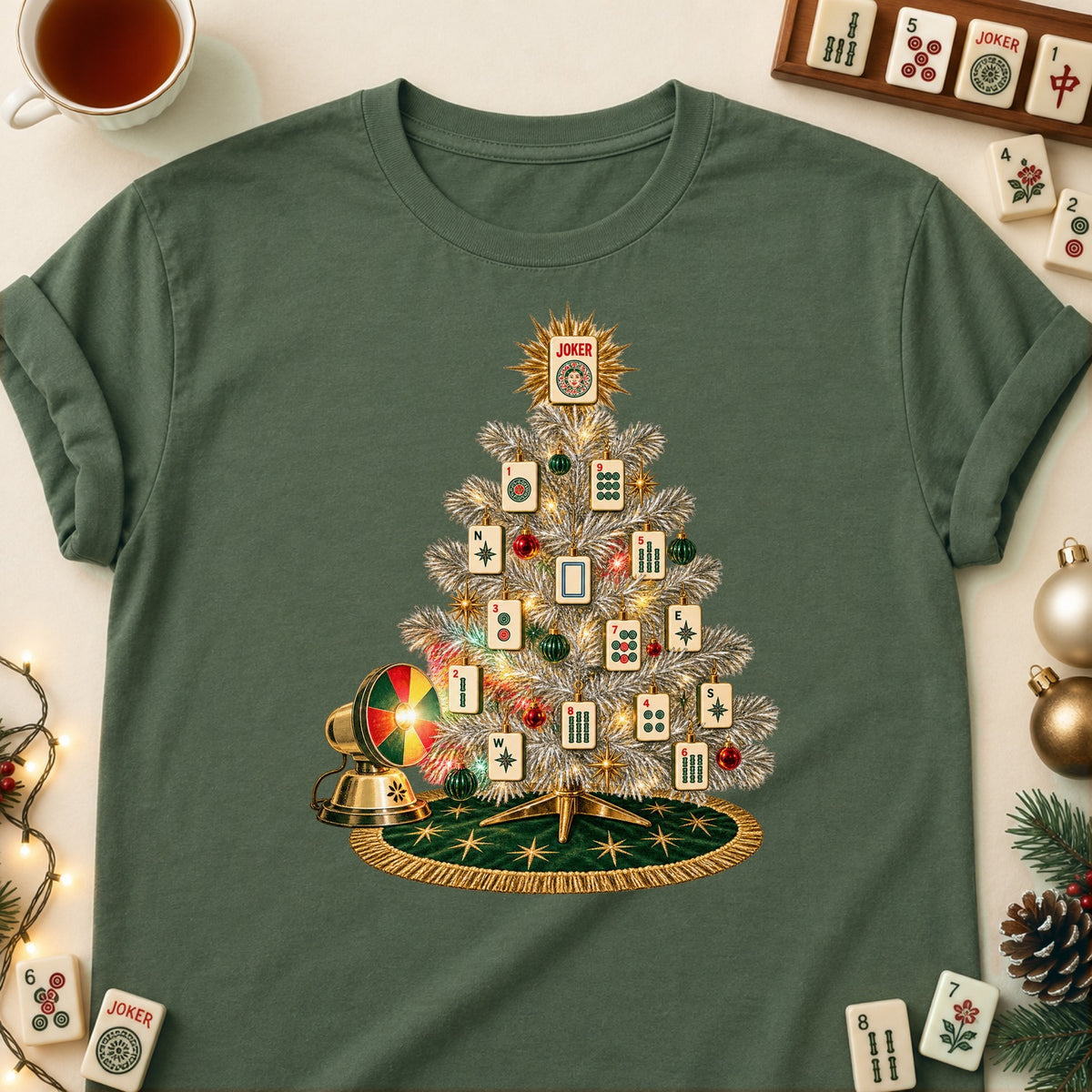 Aluminum Tree mahjong T-shirt in Military Green, laid flat. [bb c=military-green r=flat]