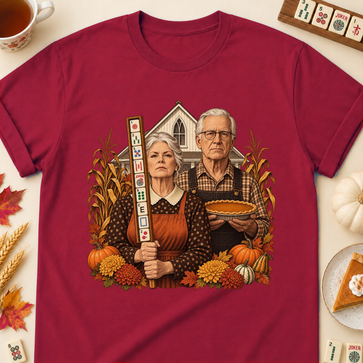 American Gothic mahjong T-shirt in Cardinal Red, laid flat. [bb c=cardinal-red r=flat]