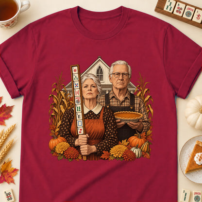 American Gothic mahjong T-shirt in Cardinal Red, laid flat. [bb c=cardinal-red r=flat]
