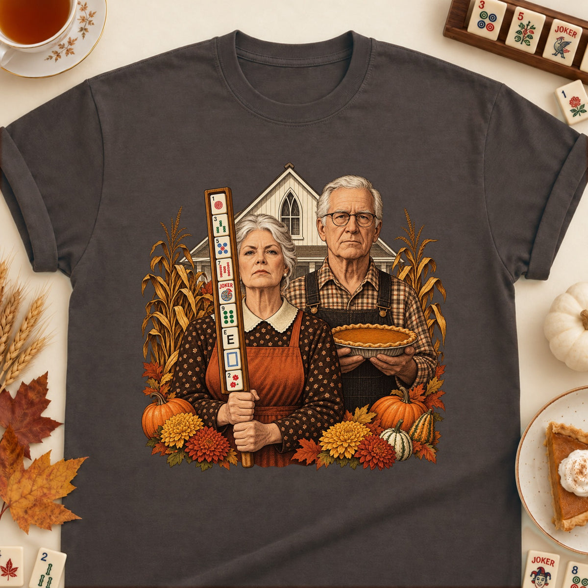American Gothic mahjong T-shirt in Dark Chocolate, laid flat. [bb c=dark-chocolate r=flat]