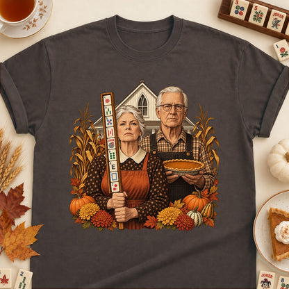American Gothic mahjong T-shirt in Dark Chocolate, laid flat. [bb c=dark-chocolate r=flat]