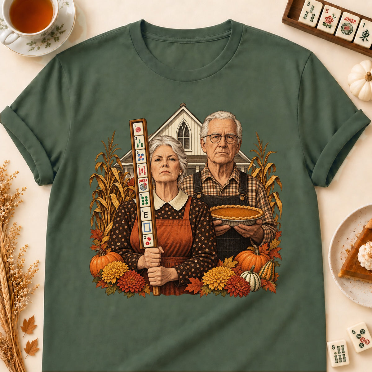 American Gothic mahjong T-shirt in Military Green, laid flat. [bb c=military-green r=flat]