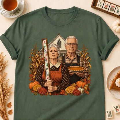 American Gothic mahjong T-shirt in Military Green, laid flat. [bb c=military-green r=flat]