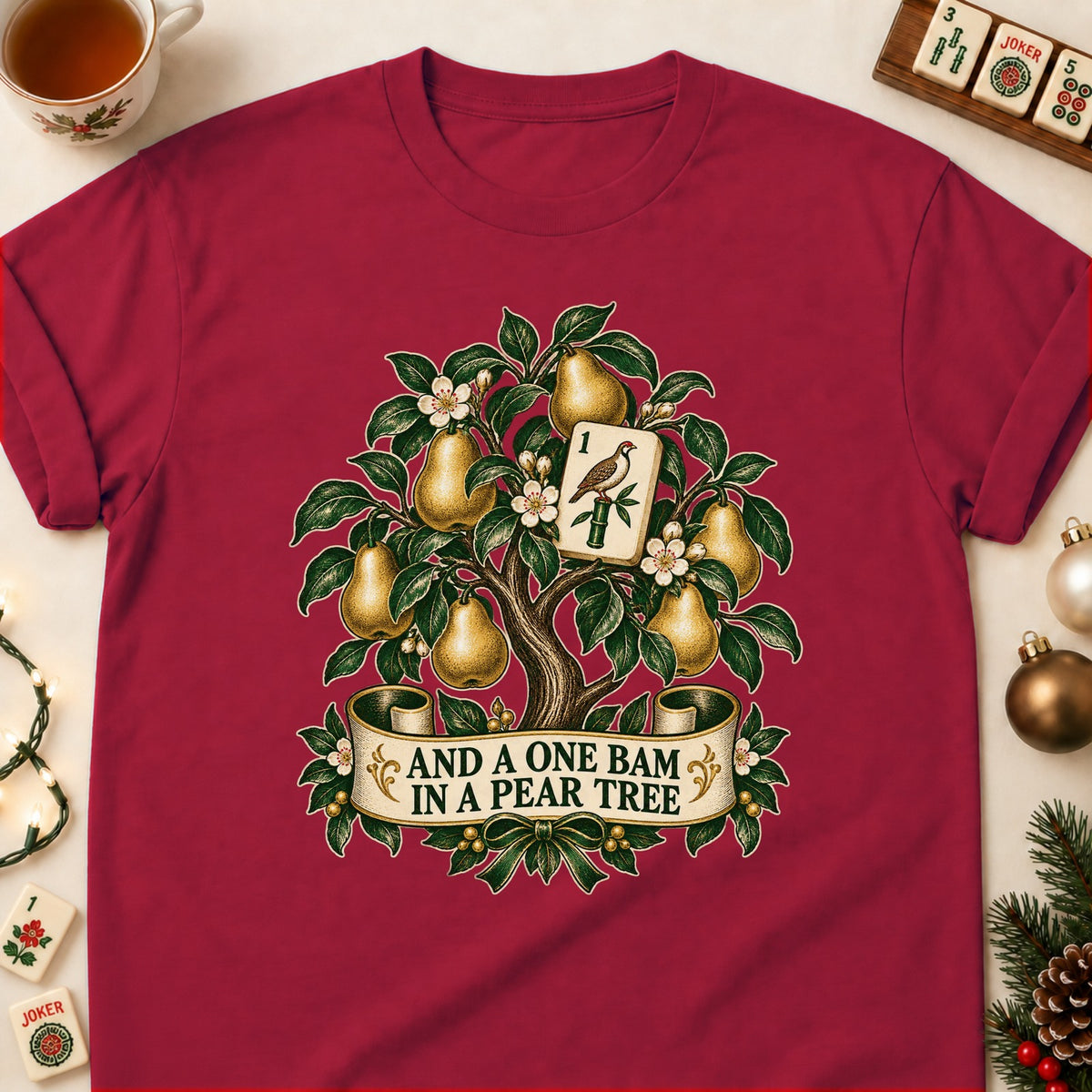 One Bam In A Pear Tree mahjong T-shirt in Cardinal Red, laid flat. [bb c=cardinal-red r=flat]