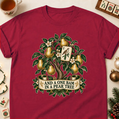 One Bam In A Pear Tree mahjong T-shirt in Cardinal Red, laid flat. [bb c=cardinal-red r=flat]