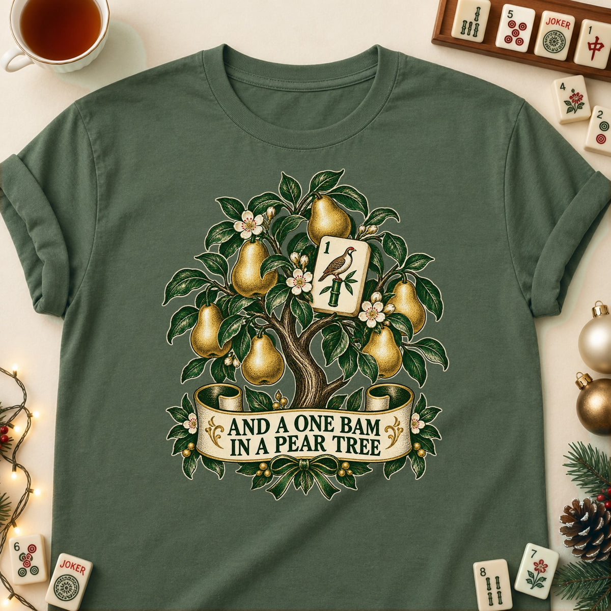 One Bam In A Pear Tree mahjong T-shirt in Military Green, laid flat. [bb c=military-green r=flat]