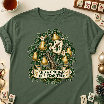 One Bam In A Pear Tree mahjong T-shirt in Military Green, laid flat. [bb c=military-green r=flat]