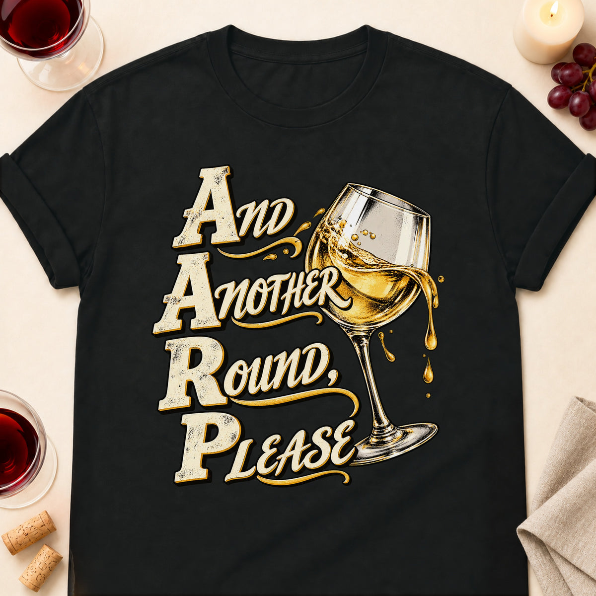 And Another Round, Please T-shirt in Black, laid flat. [bb c=black r=flat]