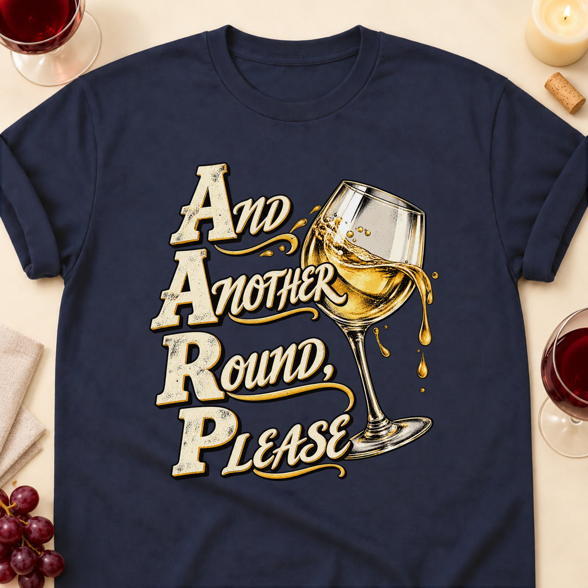 And Another Round, Please T-shirt in Navy, laid flat. [bb c=navy r=flat]