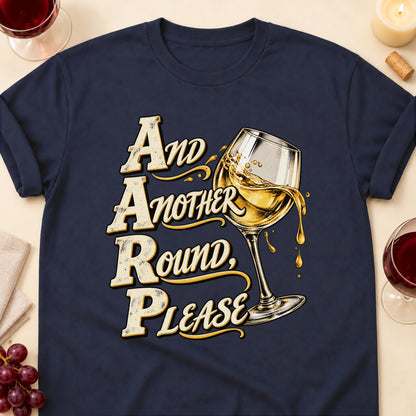 And Another Round, Please T-shirt in Navy, laid flat. [bb c=navy r=flat]