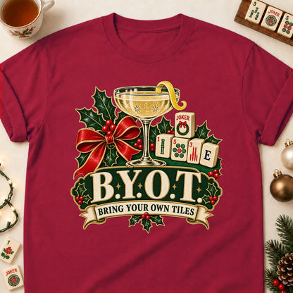 B.Y.O.T. mahjong T-shirt in Cardinal Red, laid flat. [bb c=cardinal-red r=flat]