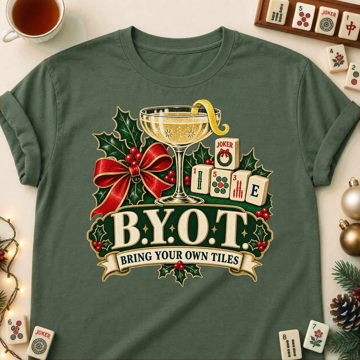 B.Y.O.T. mahjong T-shirt in Military Green, laid flat. [bb c=military-green r=flat]