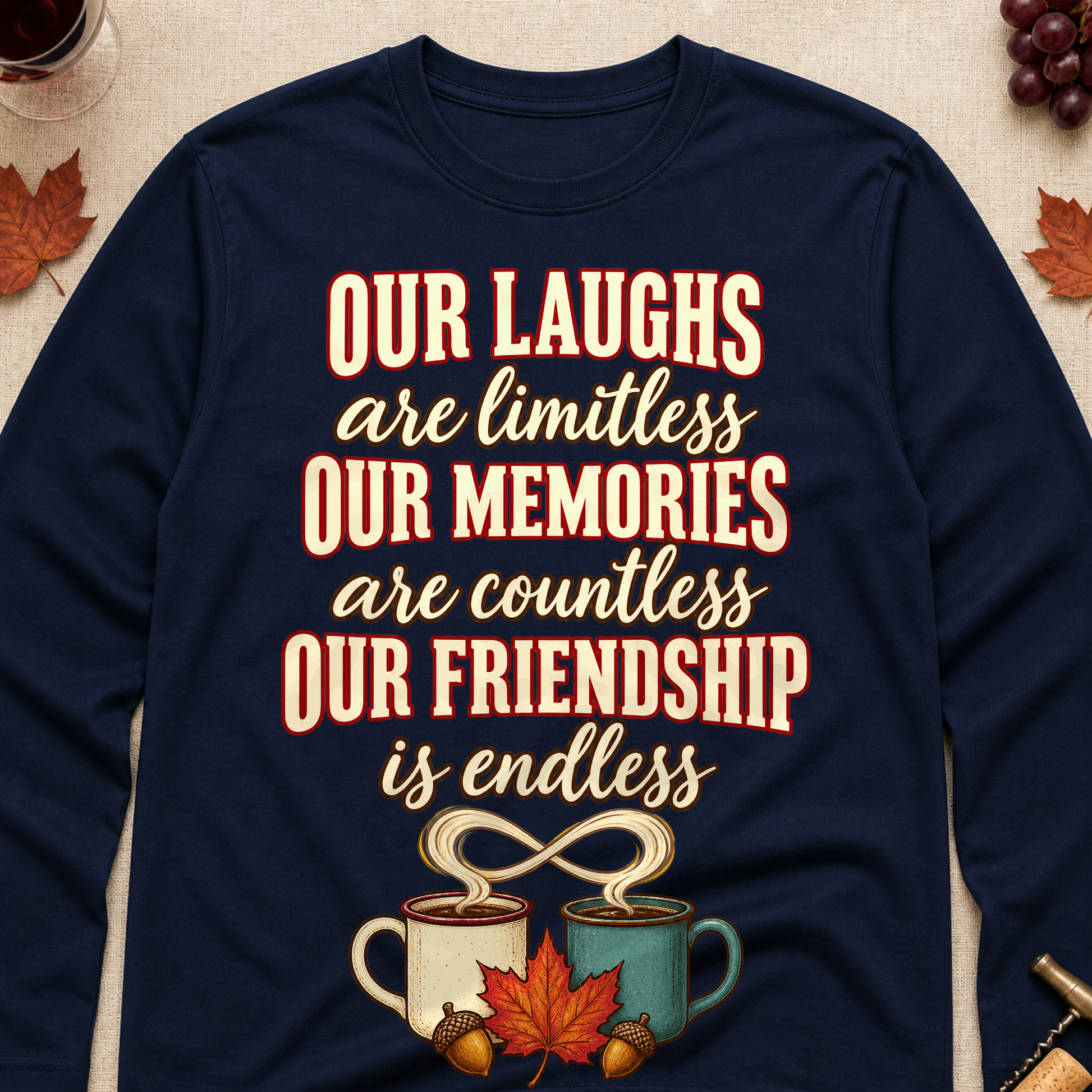 Our Laughs Are Limitless Our Memories Are Countless Our Friendship Is Endless Fall Colored Print Long Sleeves - Navy - Brooke & Belle