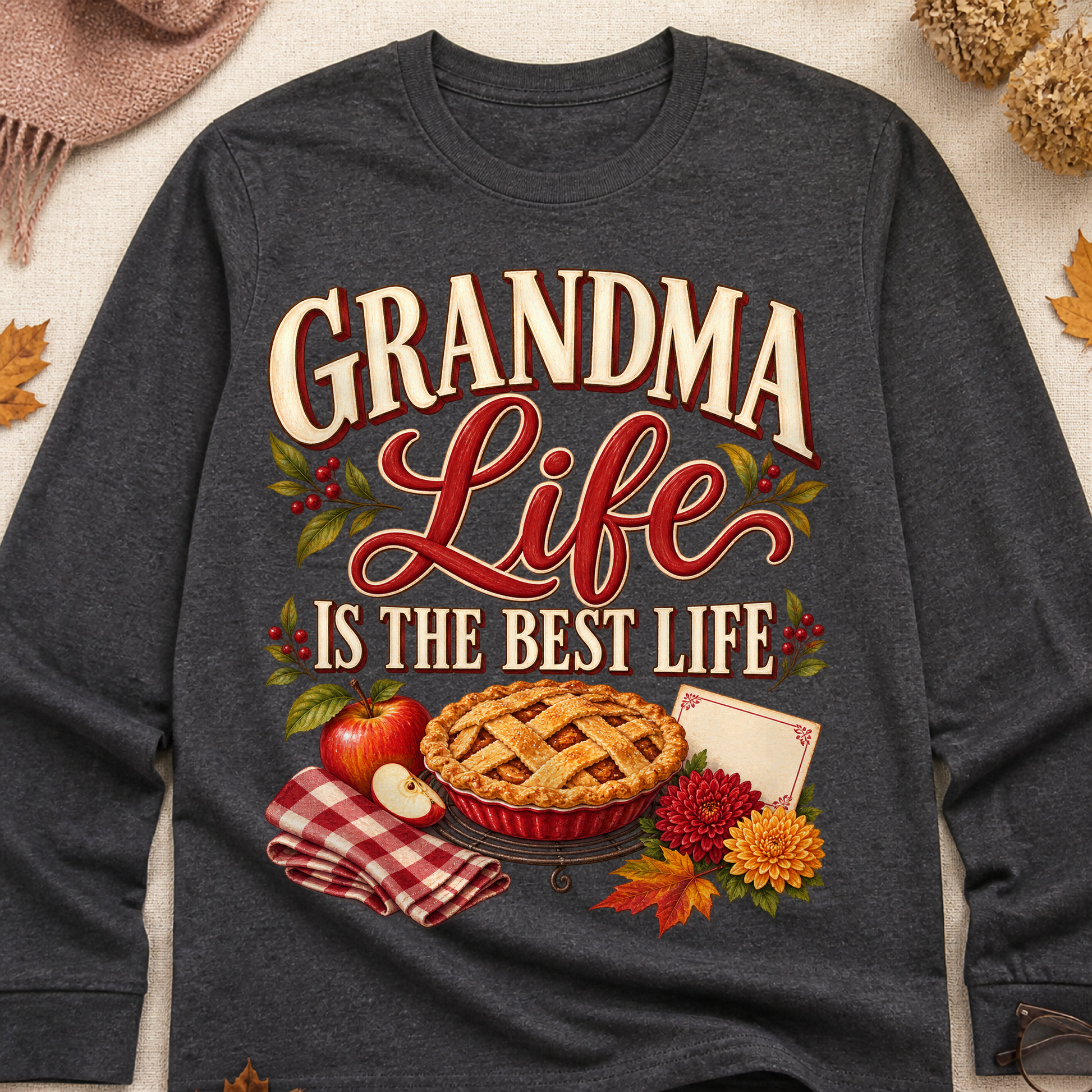 Grandma Life Is The Best Life Fall Colored Print Long Sleeves - Charcoal - Brooke & Belle
