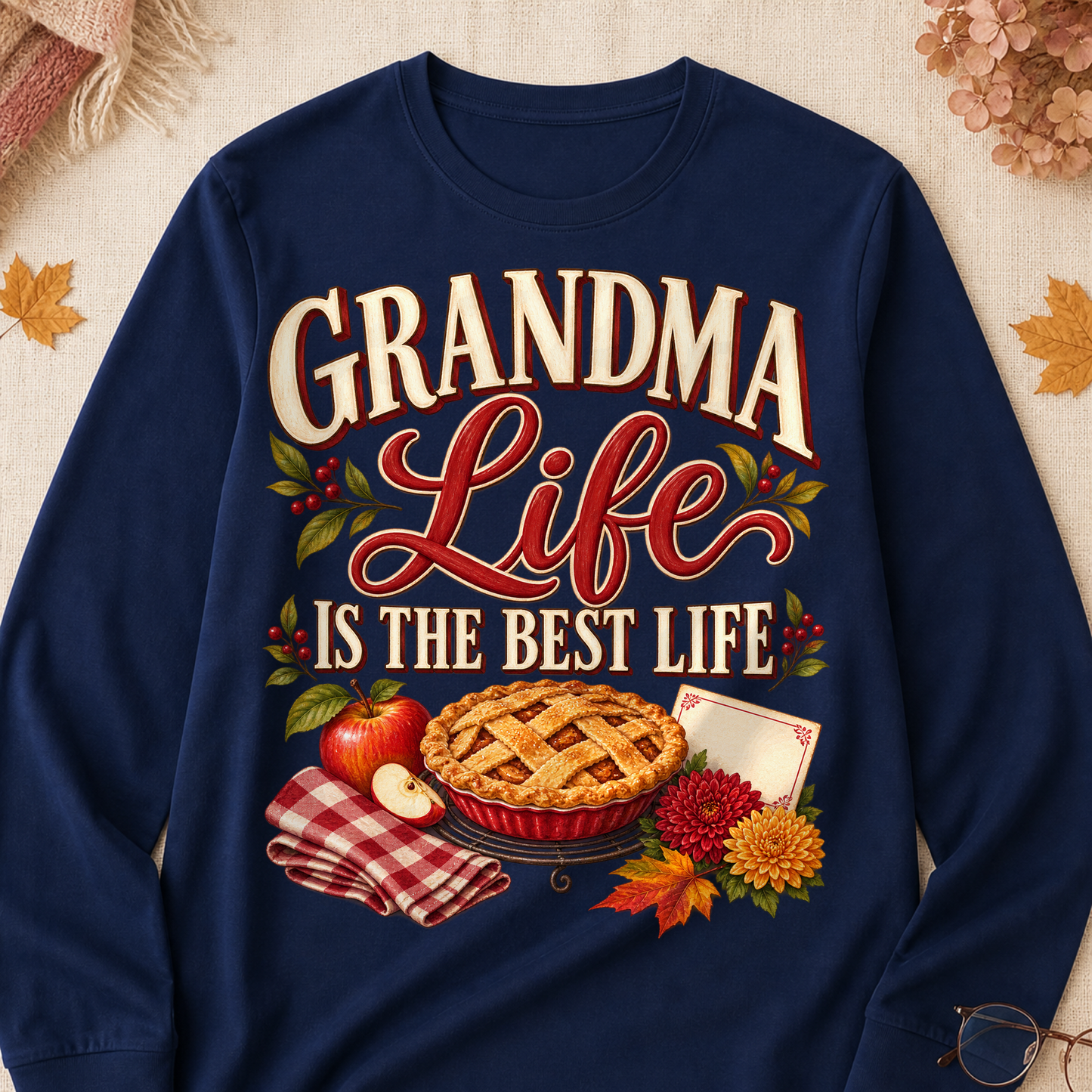 Grandma Life Is The Best Life Fall Colored Print Long Sleeves - Navy - Brooke & Belle