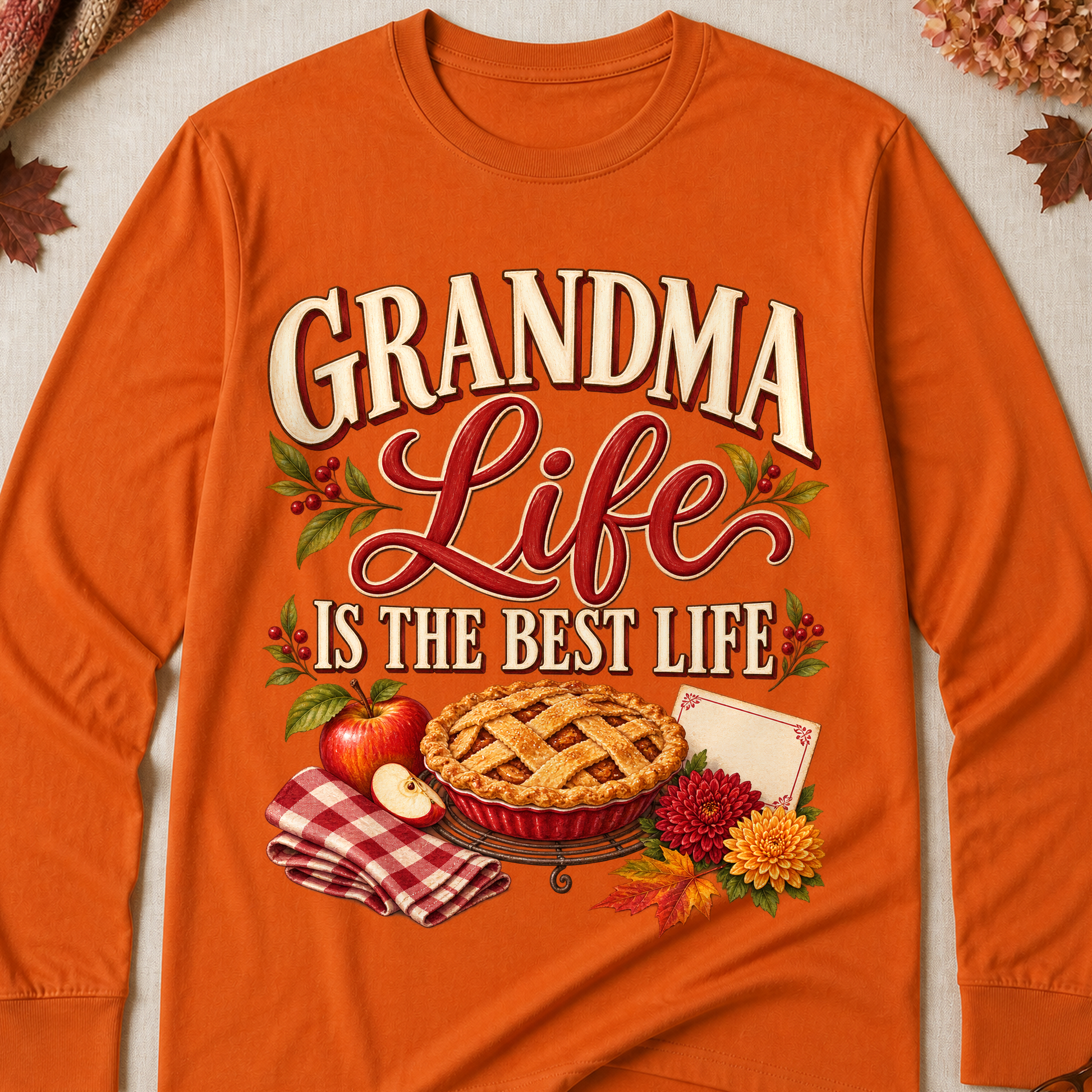 Grandma Life Is The Best Life Fall Colored Print Long Sleeves - Texas Orange - Brooke & Belle