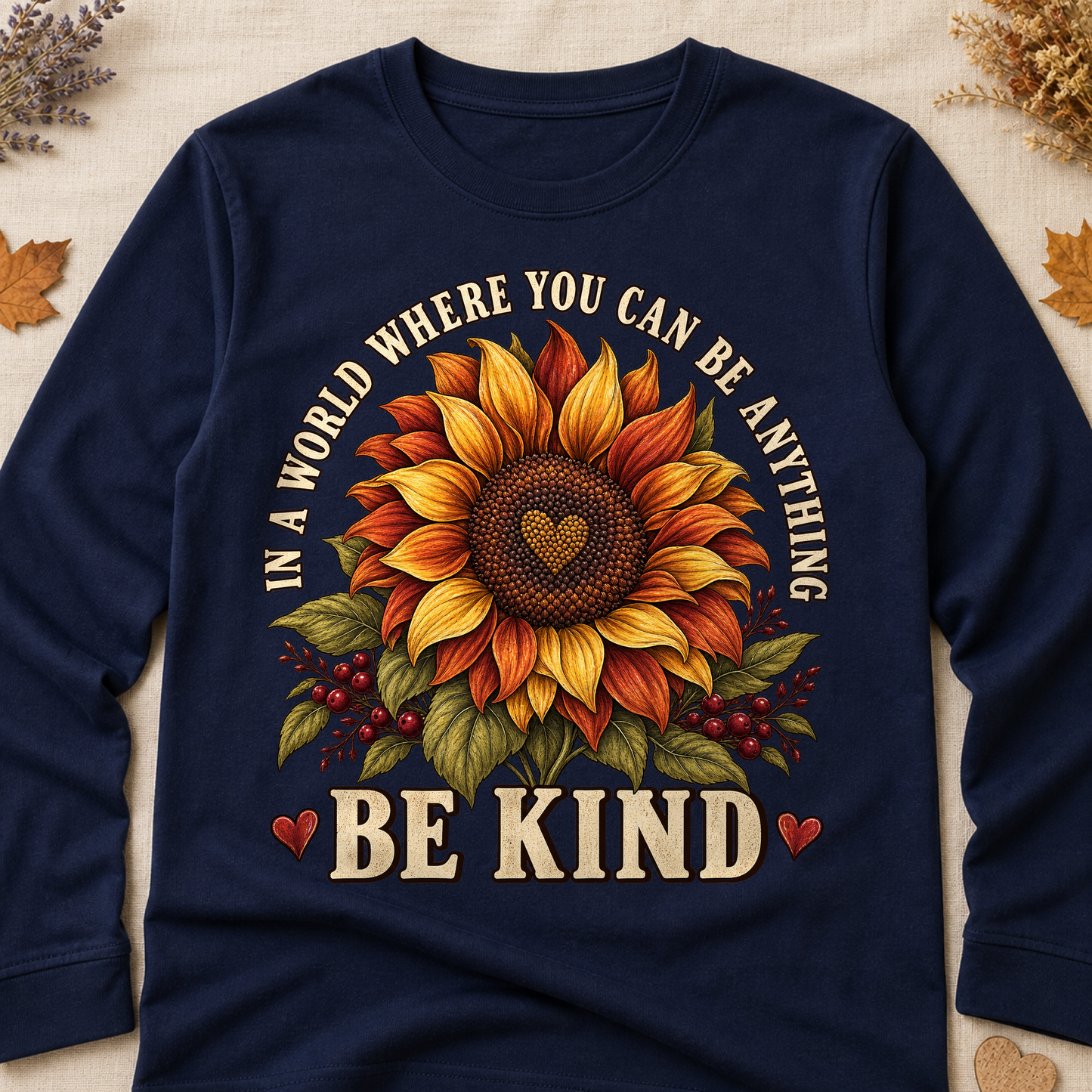 In A World Where You Can Be Anything Be Kind Fall Colored Print Long Sleeves - Navy - Brooke & Belle