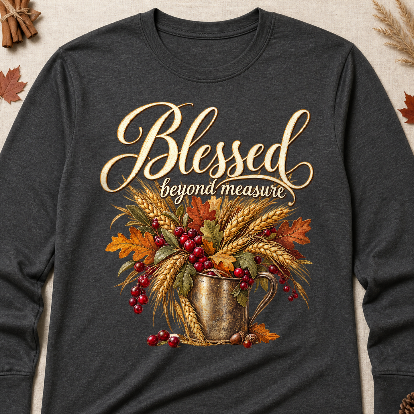 Blessed Beyond Measure Fall Colored Print Long Sleeves - Charcoal - Brooke & Belle
