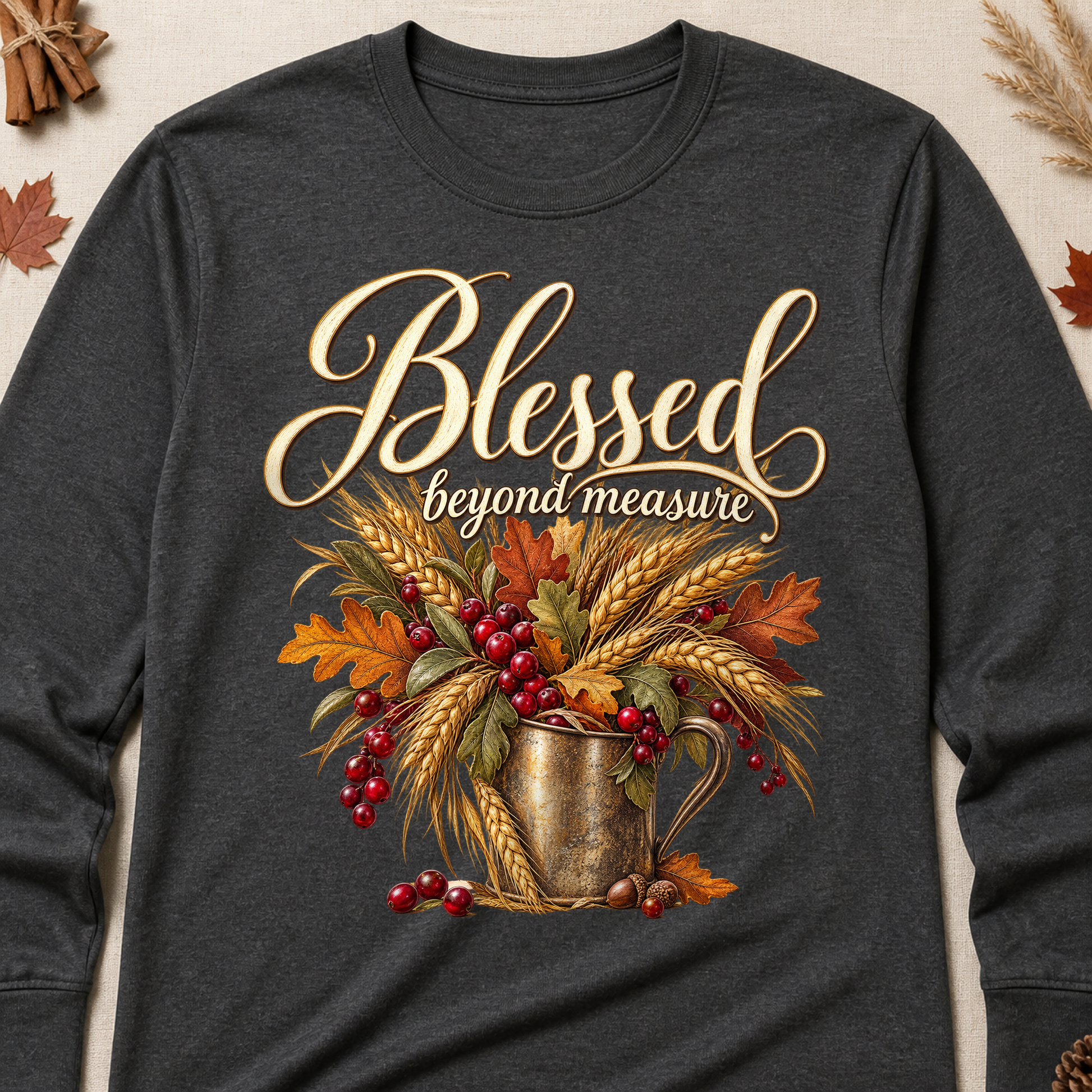Blessed Beyond Measure Fall Colored Print Long Sleeves - Charcoal - Brooke & Belle