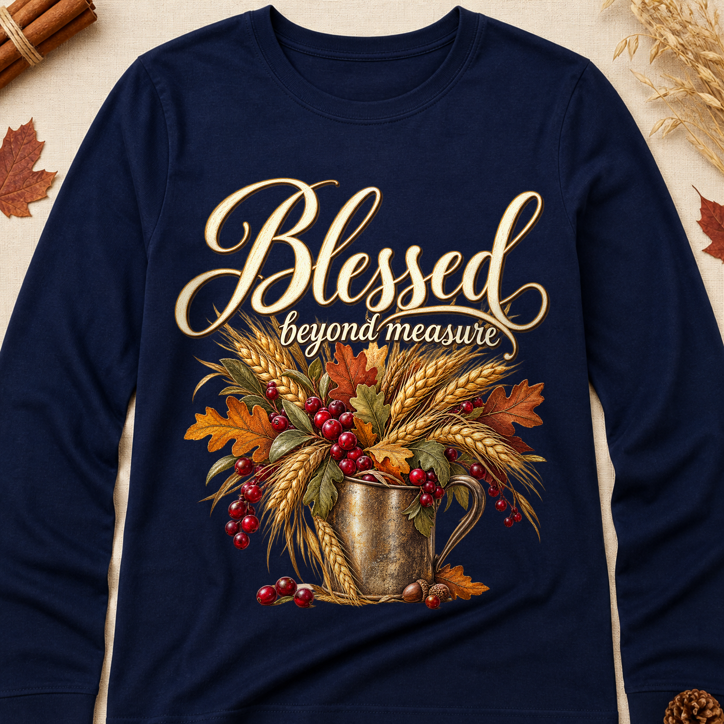 Blessed Beyond Measure Fall Colored Print Long Sleeves - Navy - Brooke & Belle